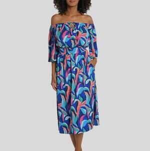 LA Blanca Women's Blue Painted Off the Shoulder Cover-Up Lg